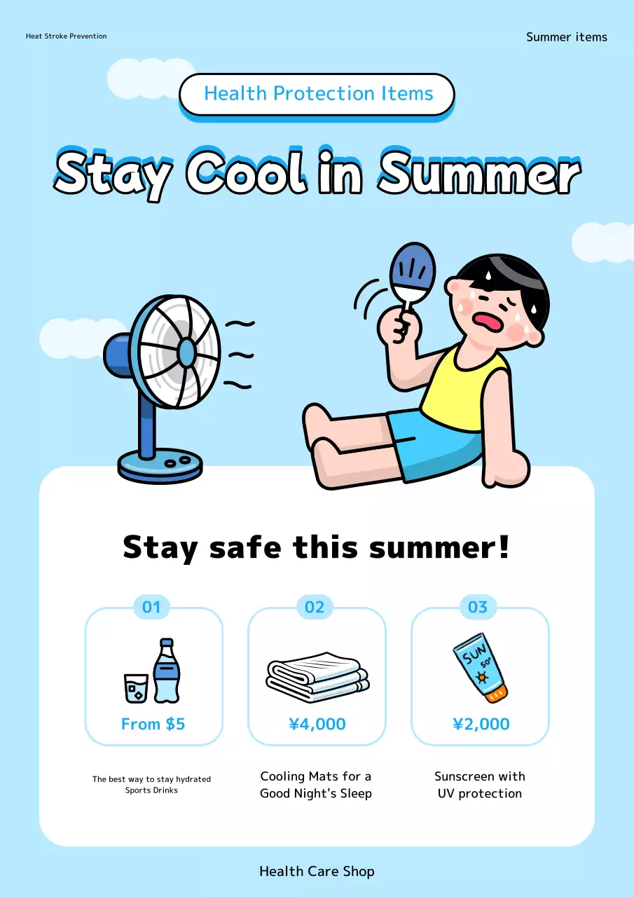 Quảng cáo các sản phẩm liên quan đến mùa hè với màu trắng và xanh nhạt