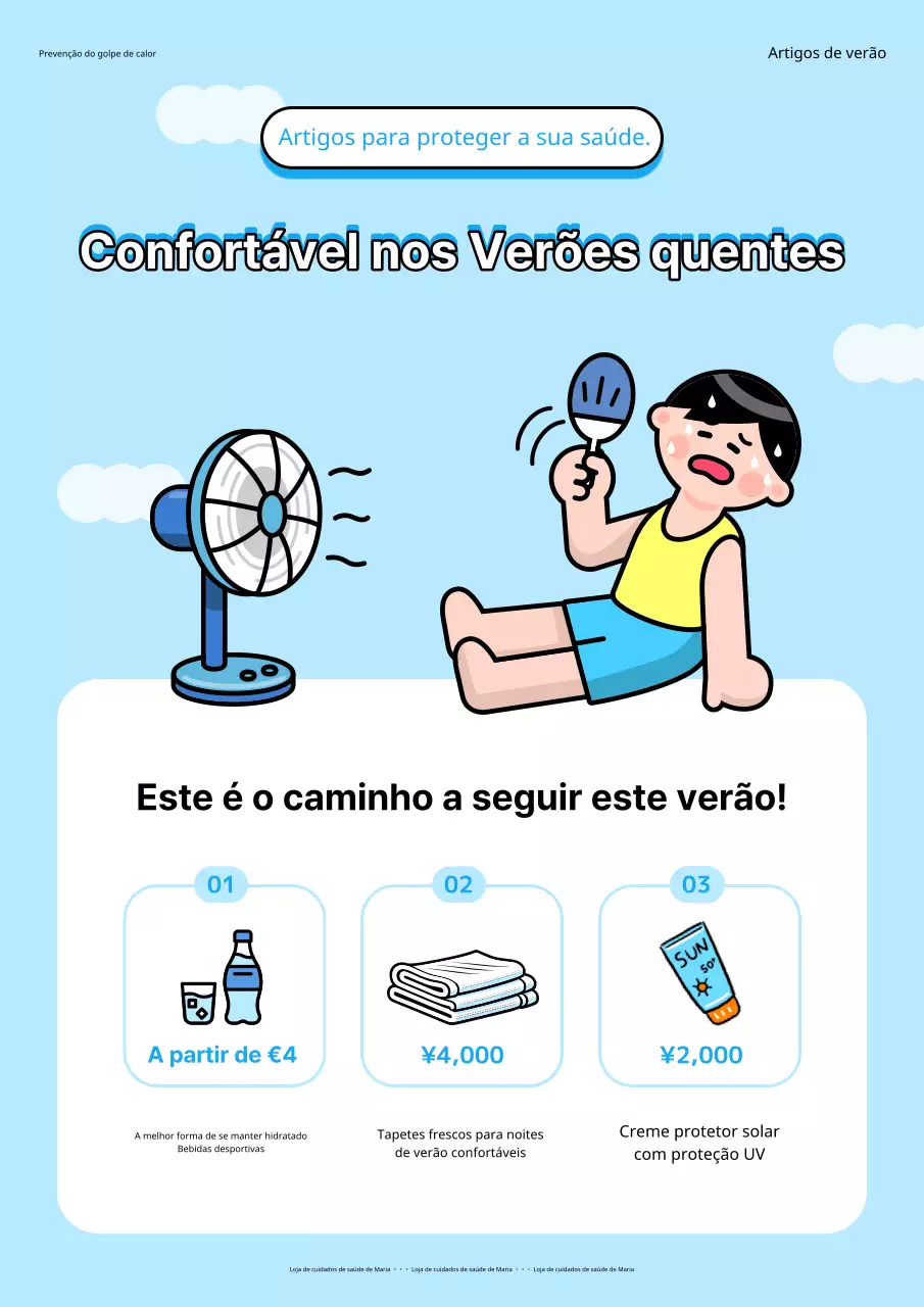 Promoção de produtos kitsch relacionados com o verão em branco e azul claro.