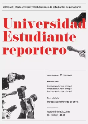 Un equipo de periodismo universitario retro gris y rojo busca un nuevo reportero