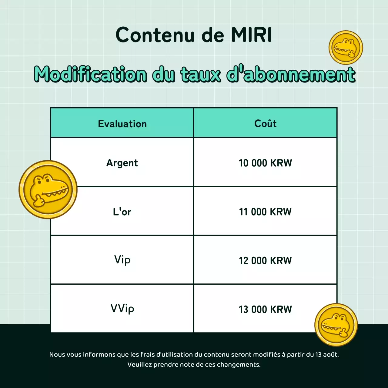 Annonces de changement de tarifs d'abonnement en vert et blanc kitsch
