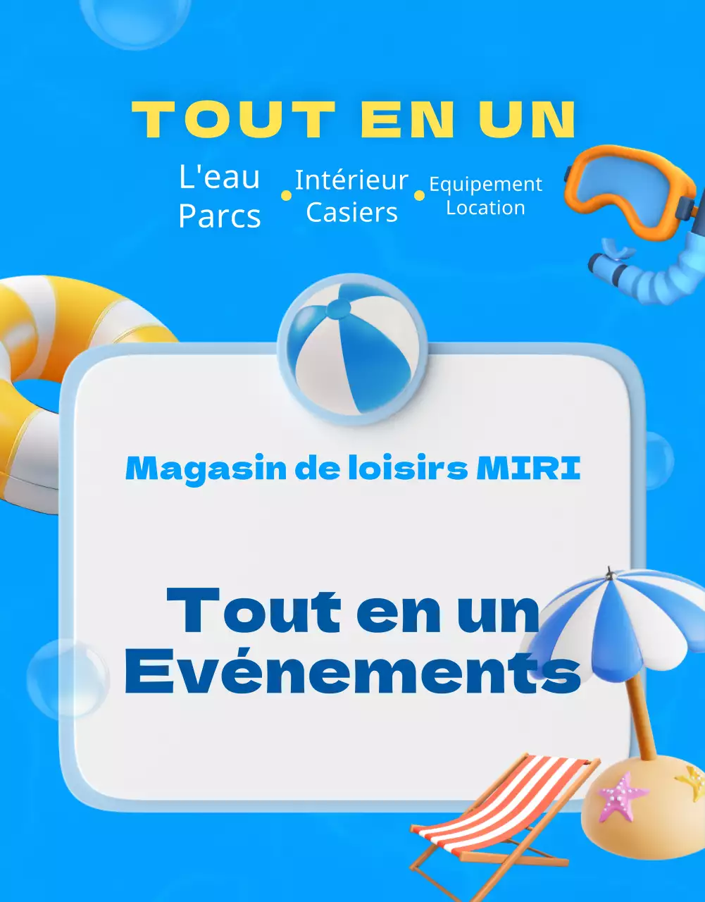 Publicité pour un magasin de loisirs avec des accents bleus et jaunes