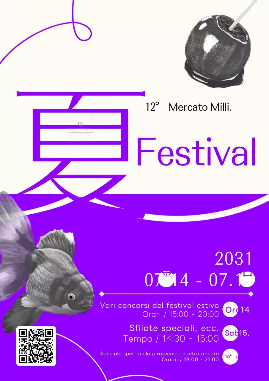 Promuovere i festival estivi con un concetto semplice, con una combinazione di colori viola e piccole foto.