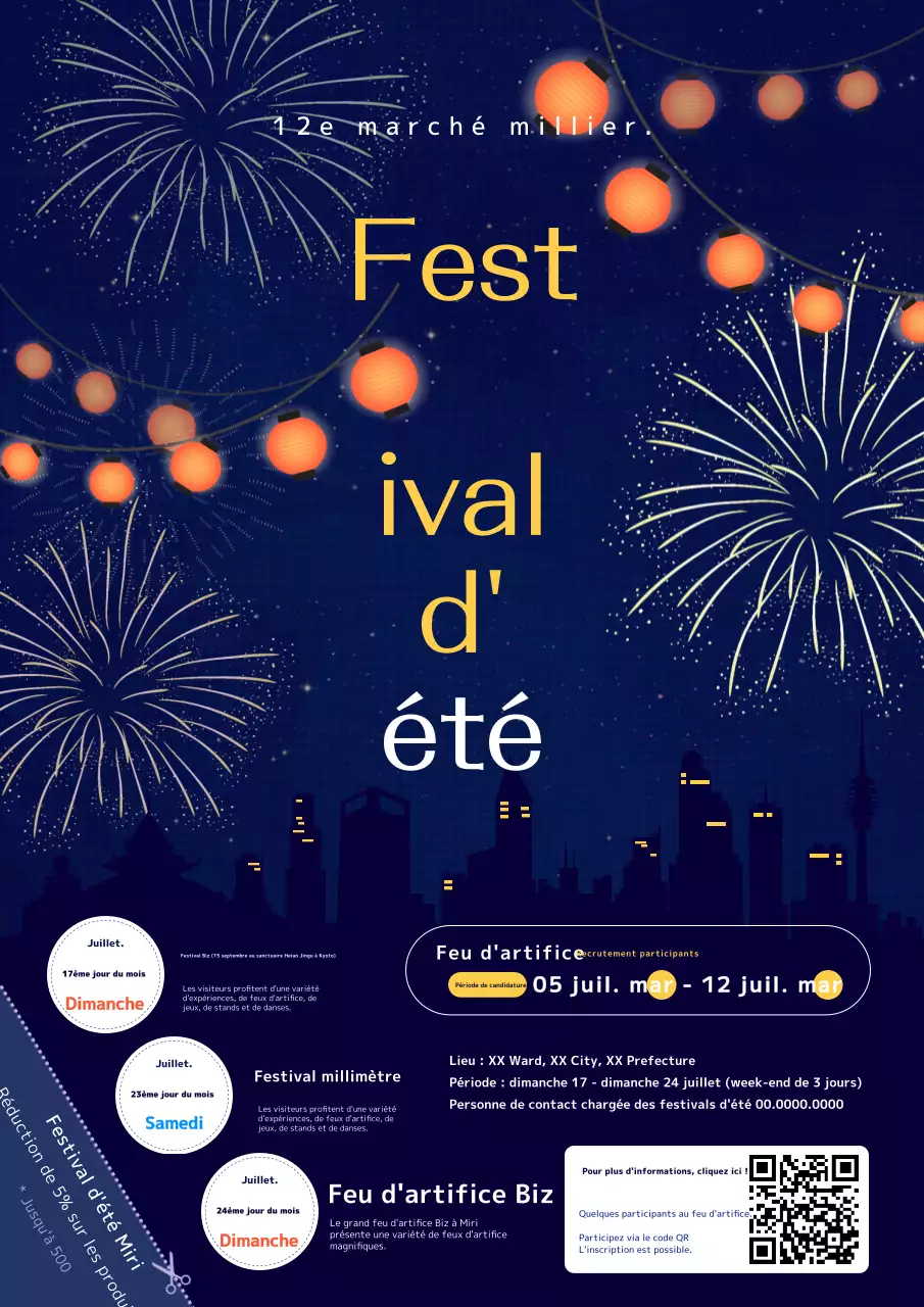 Promouvoir un festival d'été avec un concept coloré de paysage nocturne bleu marine