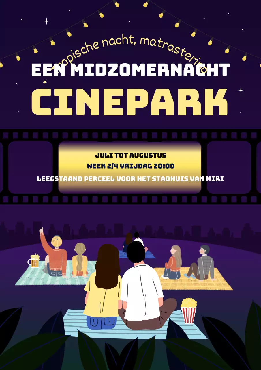 Promoot een tropische nachtbioscoopvoorstelling in geel en paars