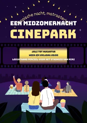 Promoot een tropische nachtbioscoopvoorstelling in geel en paars
