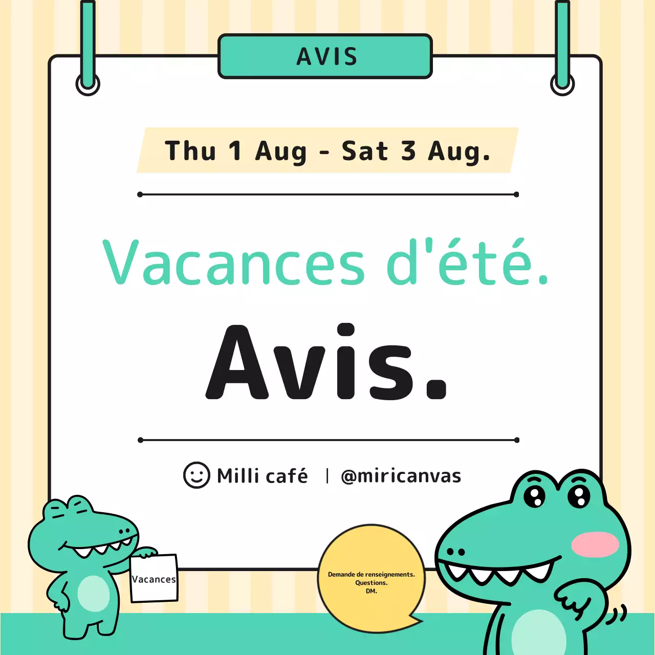 Joli avis de vacances d'été jaune et vert.