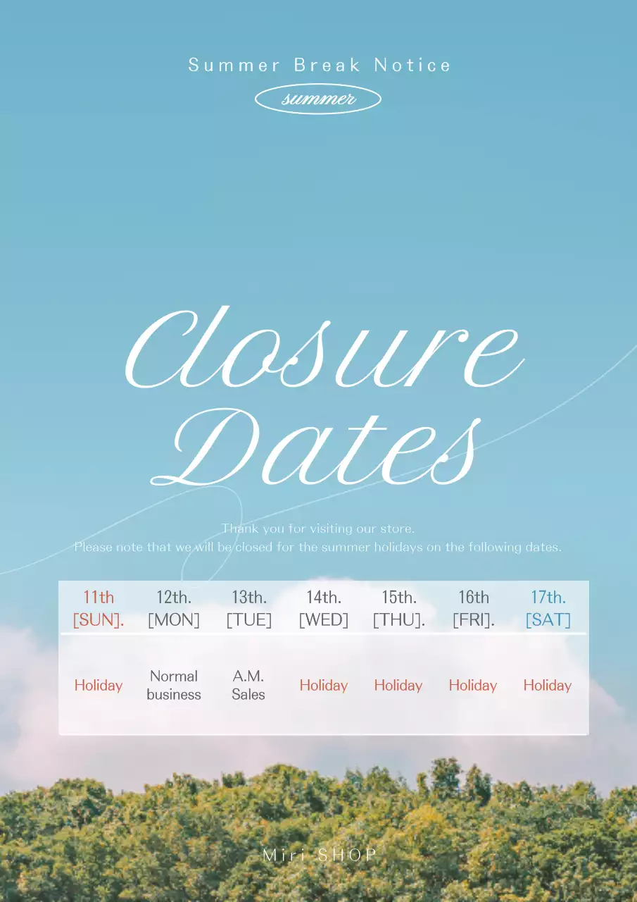 Poster thông báo mùa hè tối giản màu xanh