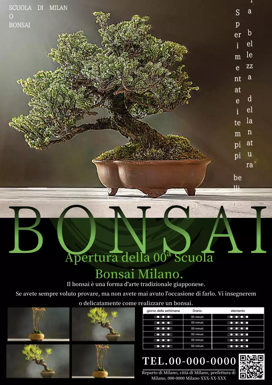 Un annuncio di apertura della scuola di bonsai classico e pulito, in verde e nero.