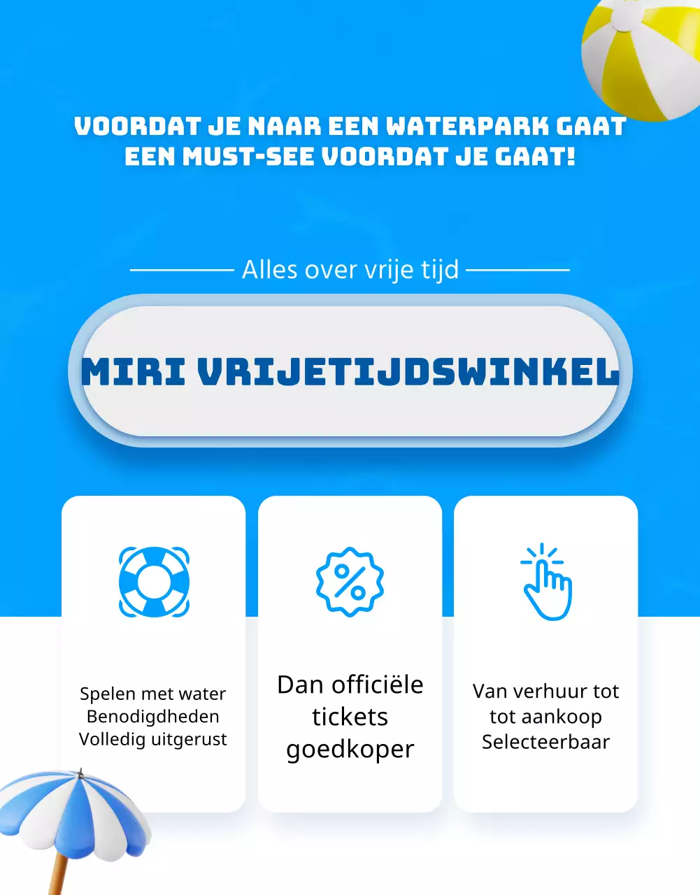 Reclame voor vrijetijdswinkel met blauwe en gele accenten