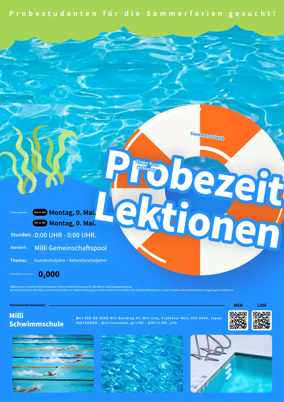 Eine moderne, blau-orangefarbene Werbung für Schwimmunterricht.
