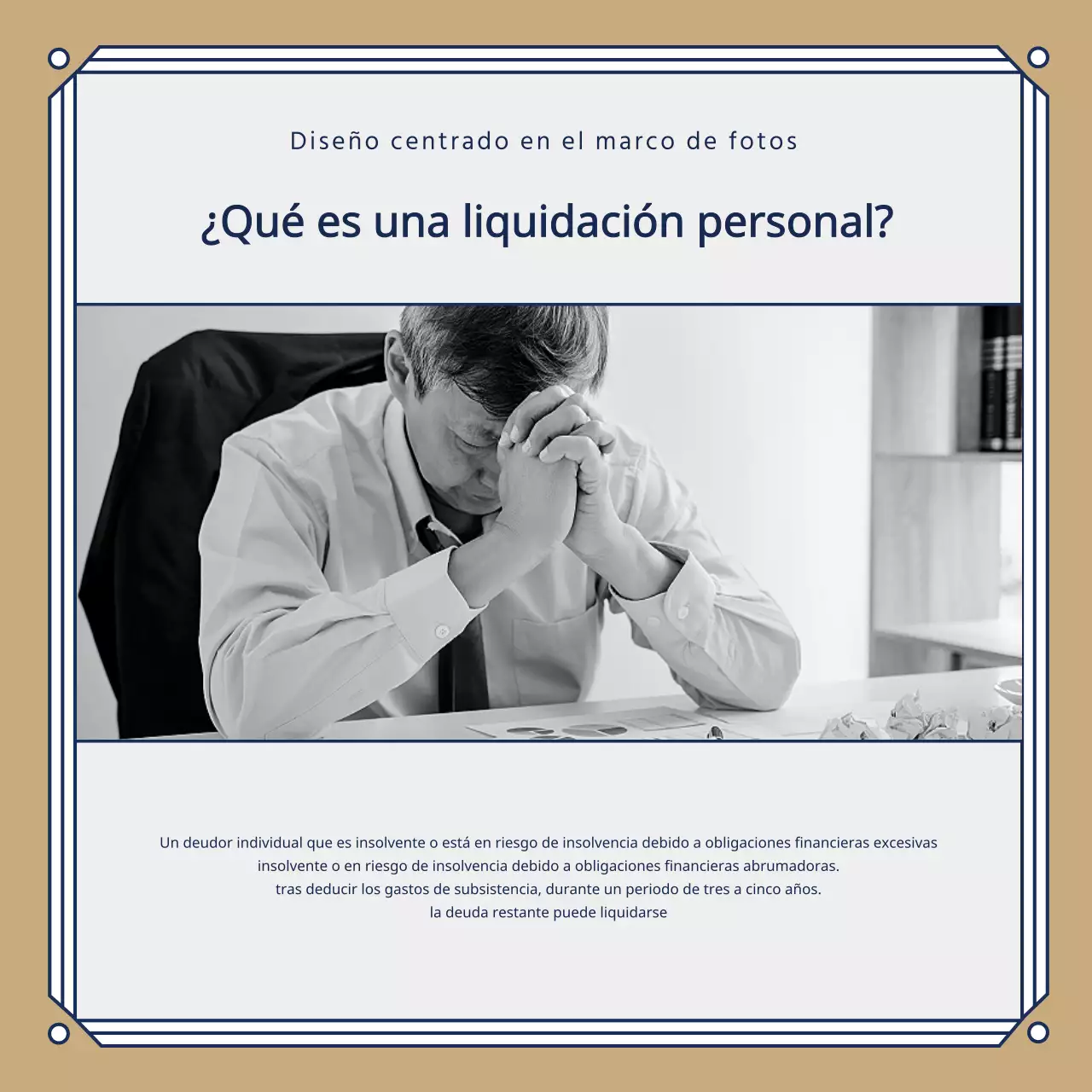 Promoción de un bufete de abogados con clase en azul marino y dorado