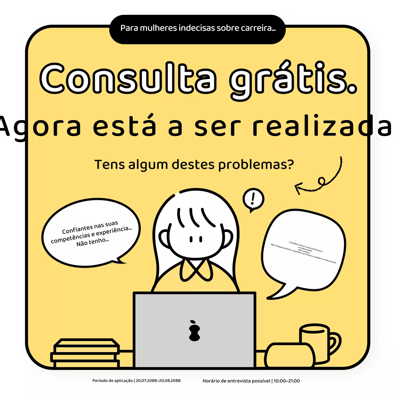Promover um evento simples de consulta gratuita de uma carreira amarela e branca