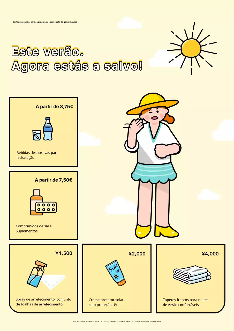 Publicidade kitsch amarela e laranja de produtos relacionados com o verão.