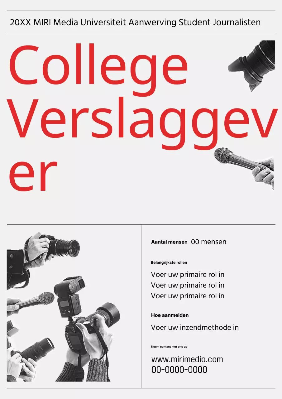 Een retro grijs-en-rood college journalistiek team is op zoek naar een nieuwe verslaggever