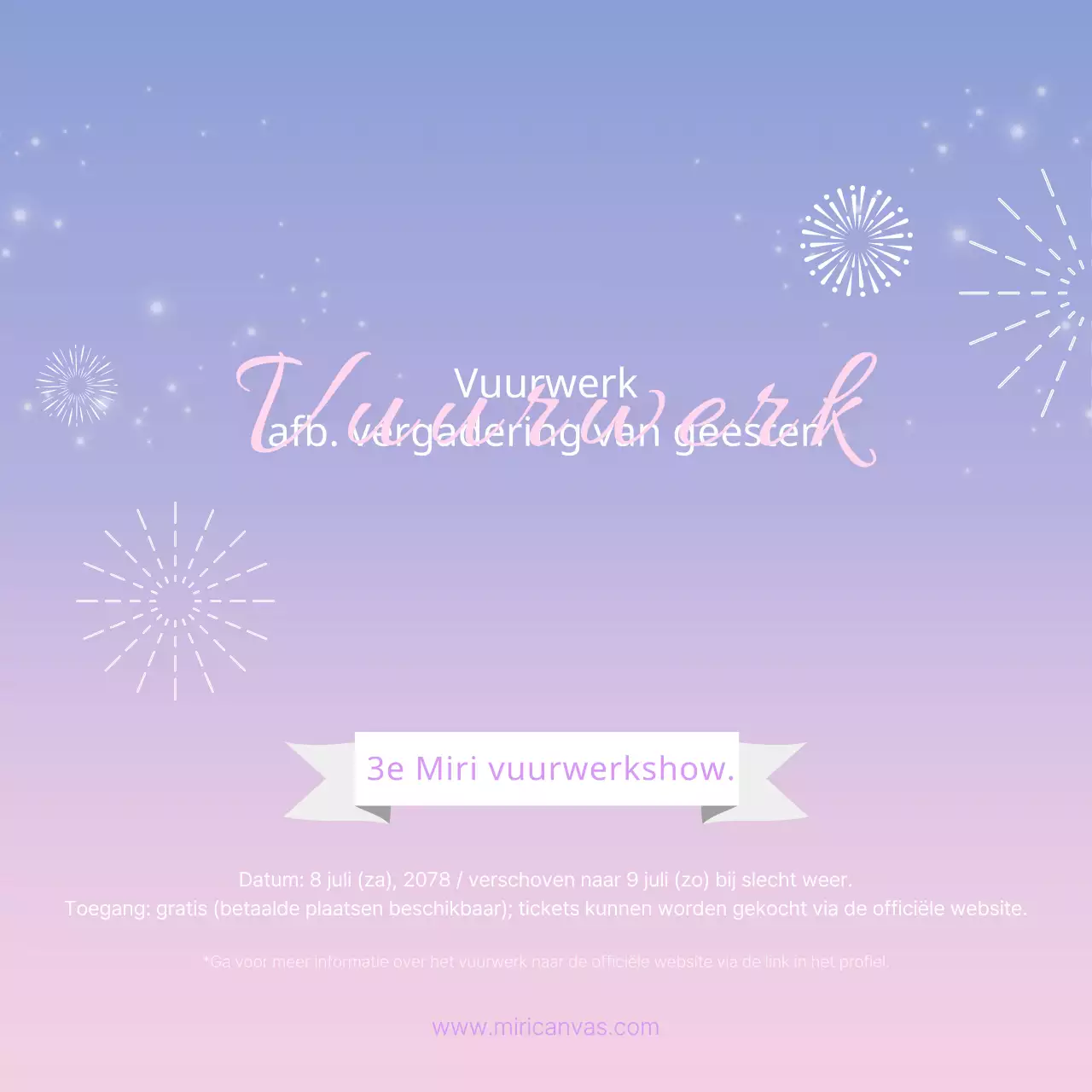 Trendy roze en lavendelkleurige reclame voor zomerse vuurwerkevenementen.