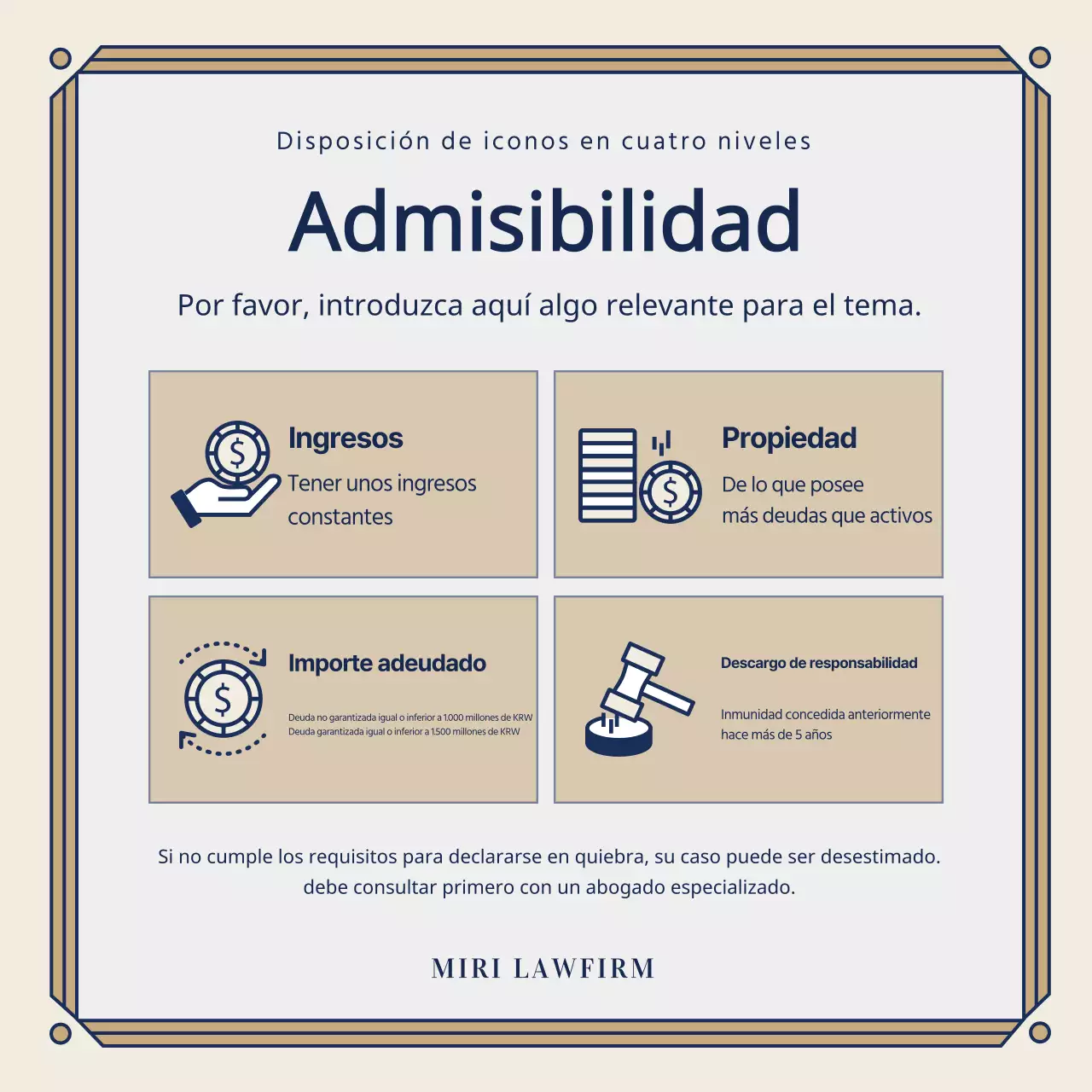 Promoción de un bufete de abogados con clase en azul marino y dorado