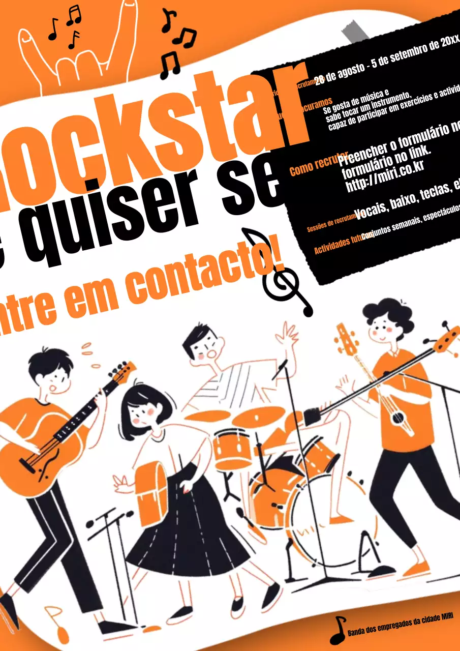 Anúncio retro de recrutamento de bandas em laranja e preto