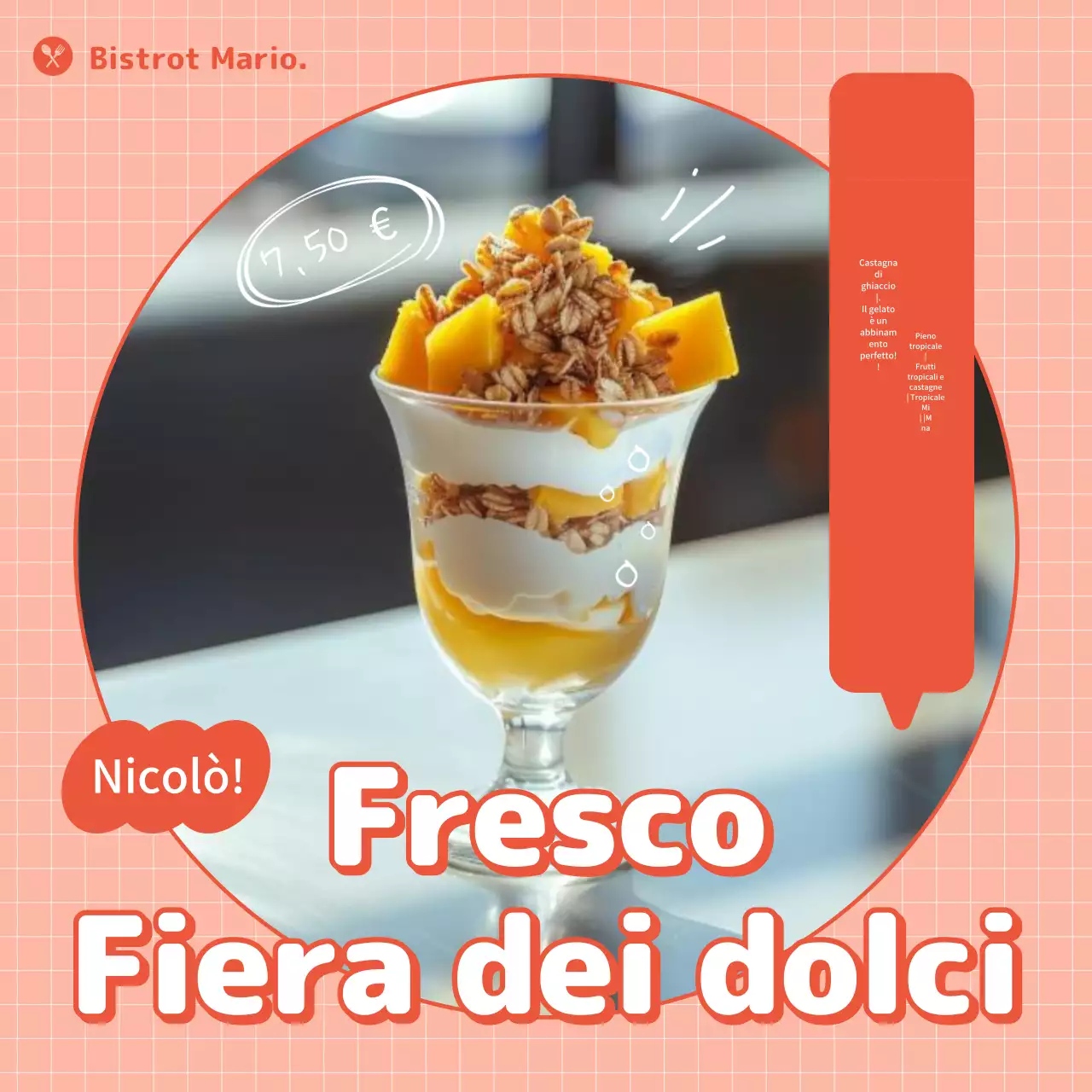 Pubblicità di dessert estivi kitsch rosa e rossi.