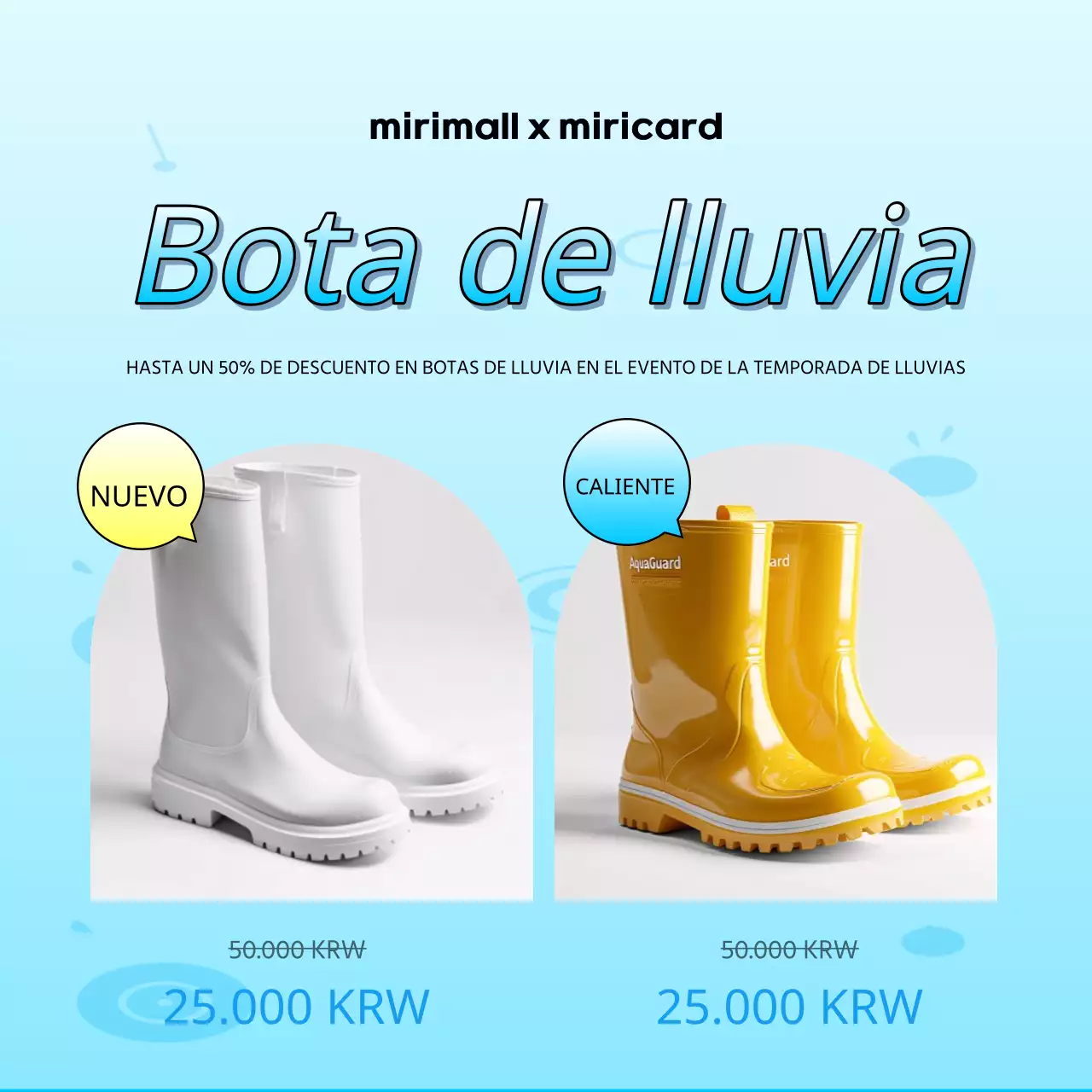 Unas sencillas botas de lluvia en azul claro y blanco anuncian un evento de rebajas