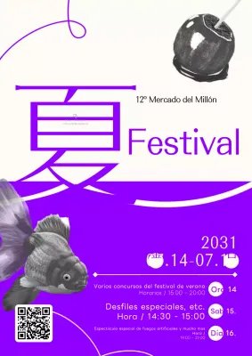 Promocionar los festivales de verano con un concepto sencillo con una combinación de colores morados y fotos pequeñas