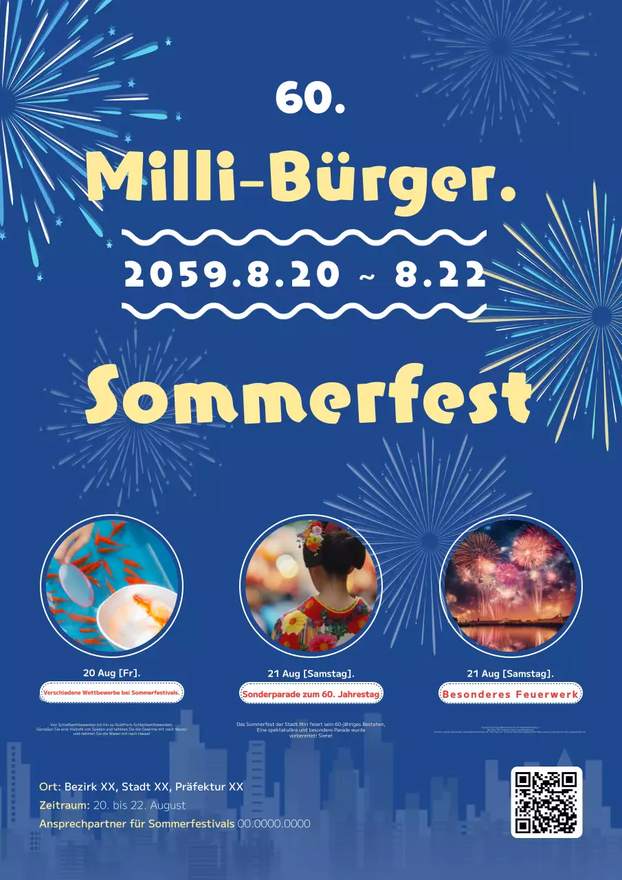 Werbung für ein Sommerfest mit einem bunten Konzept mit blauen Fotos und Illustrationen