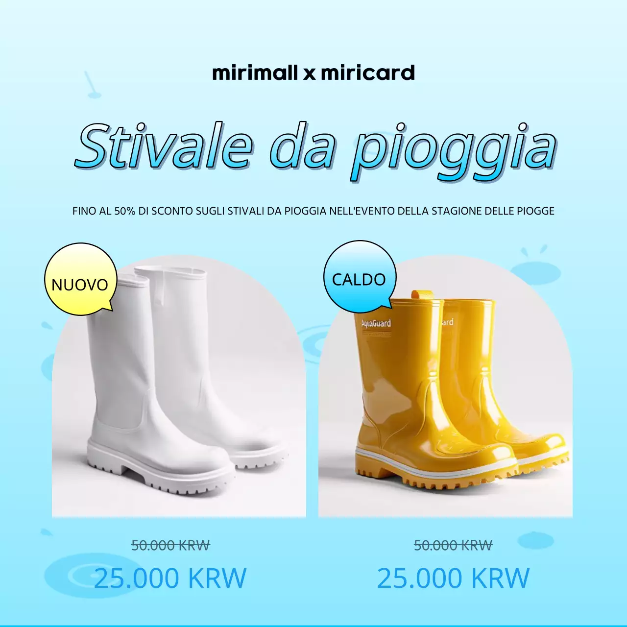 Semplici stivali da pioggia della stagione delle piogge in azzurro e bianco pubblicizzano un evento di vendita