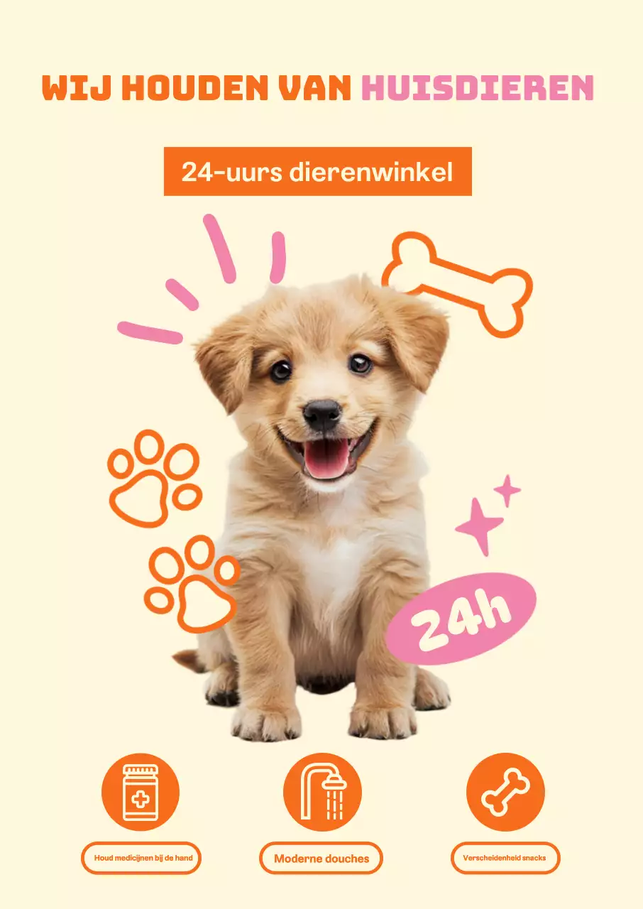 Een 24-uurs dierenwinkel met schattige puppy's