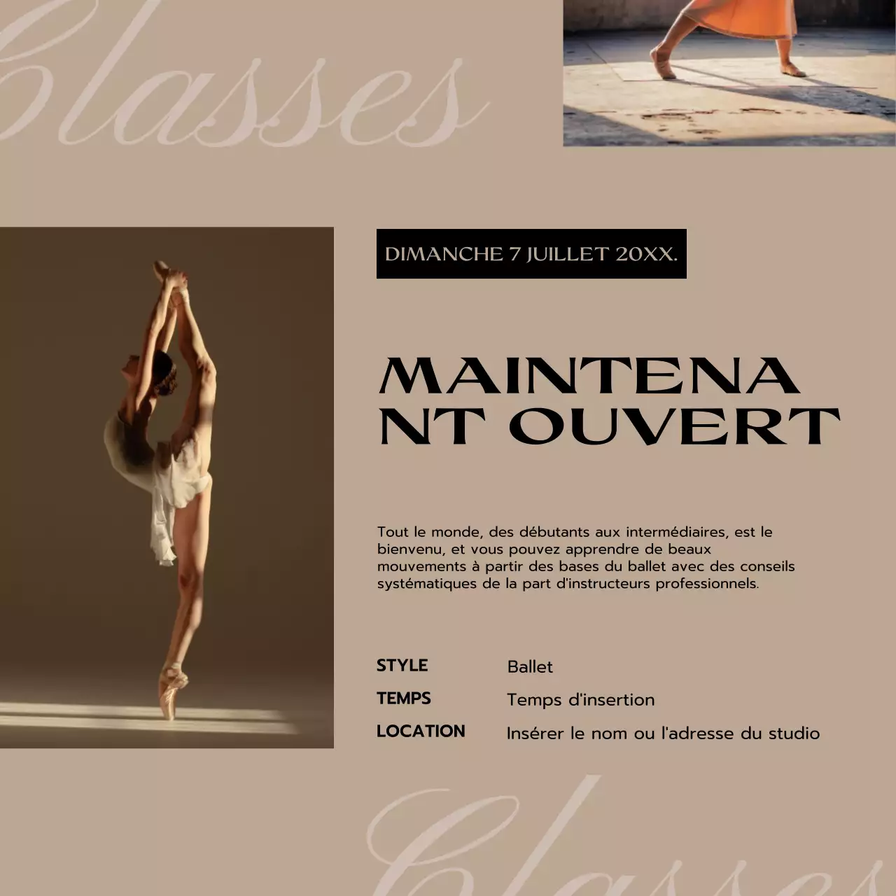 Annonce simple de cours de danse classique en noir et beige