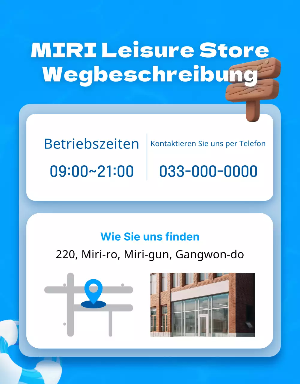 Werbeanzeige eines Freizeitgeschäfts mit blauen und gelben Akzenten