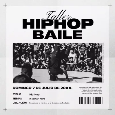 Anuncio de taller de Hip Hop sencillo en negro y gris