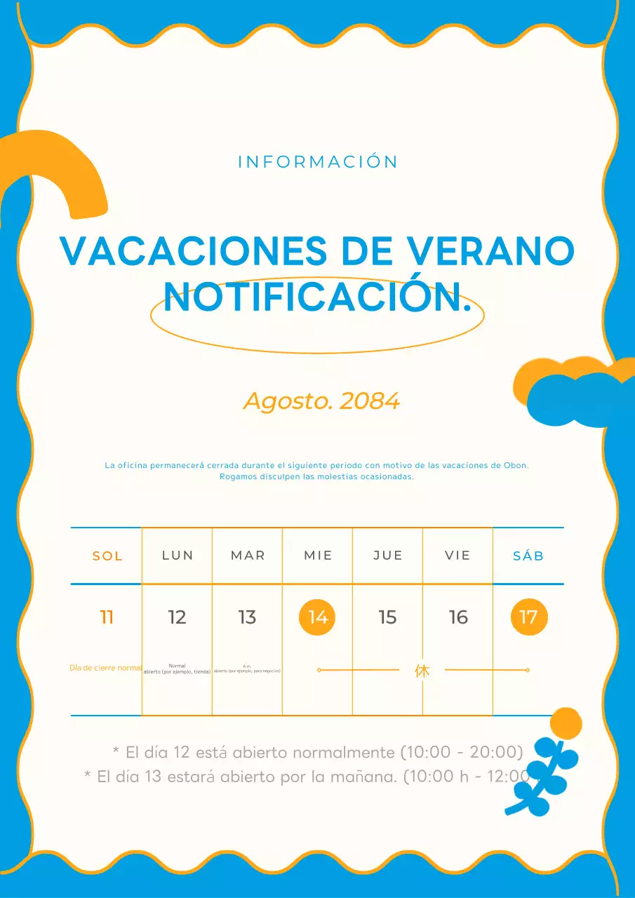 Bonito y sencillo anuncio de vacaciones en azul y naranja