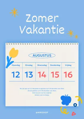 Zomervakantieaankondiging in blauw en geel met een schattig tekenconcept