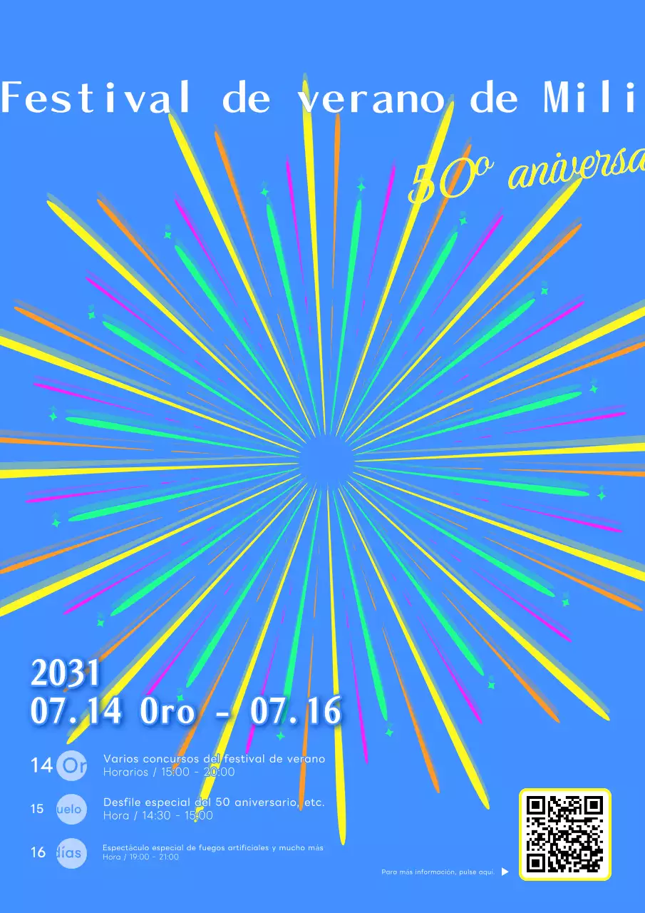 Promocione un festival de verano con un concepto sencillo y colorido con fuegos artificiales azules