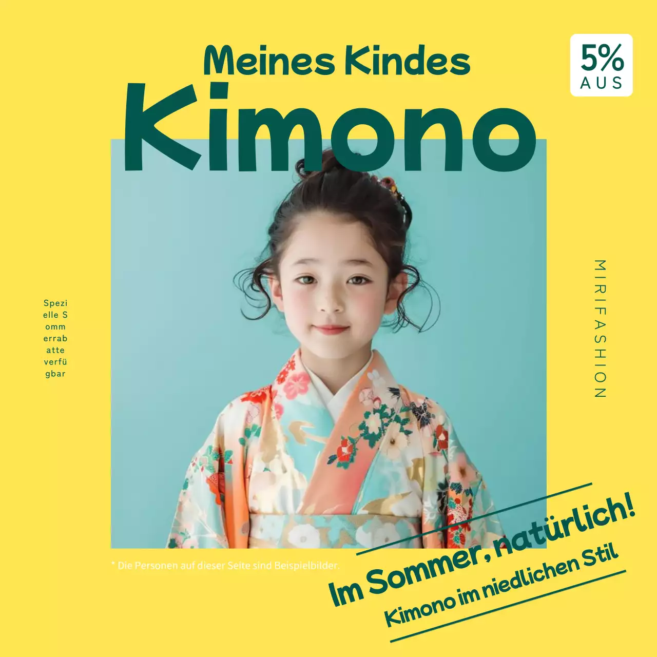 Gelbe und grüne Werbung für trendige Kinderkleidung.