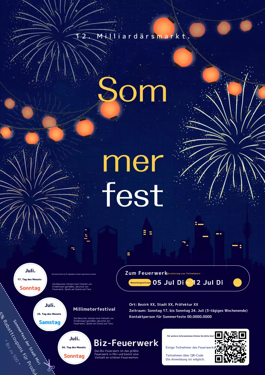 Werbung für ein Sommerfest mit einem farbenfrohen Konzept für eine marineblaue Nachtlandschaft
