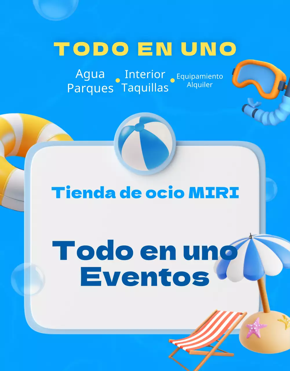 Anuncio promocional de una tienda de ocio con detalles en azul y amarillo