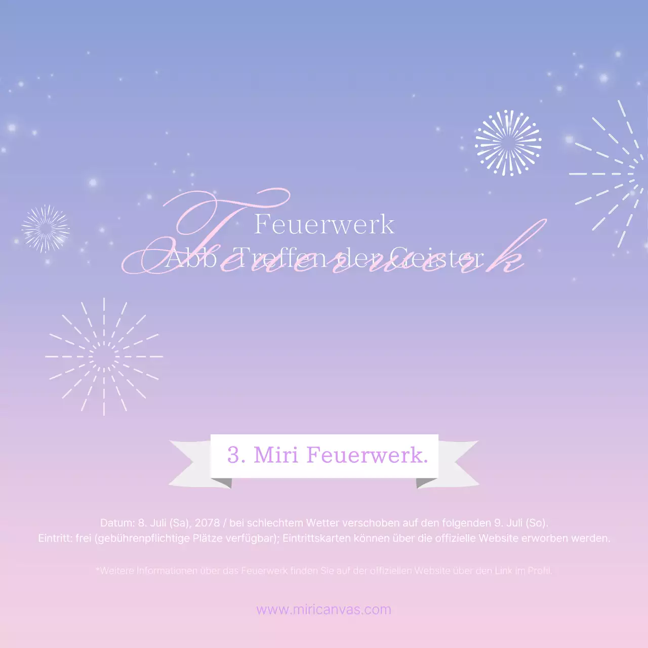 Trendige rosa und lavendelfarbene Werbung für ein Sommerfeuerwerk.