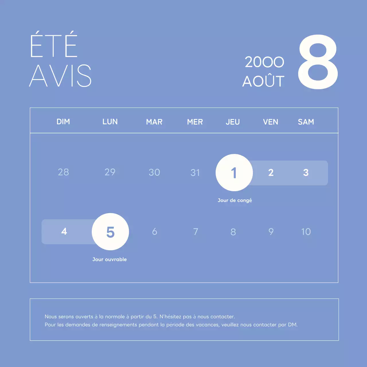 Dates simples de vacances d'été en violet et blanc.