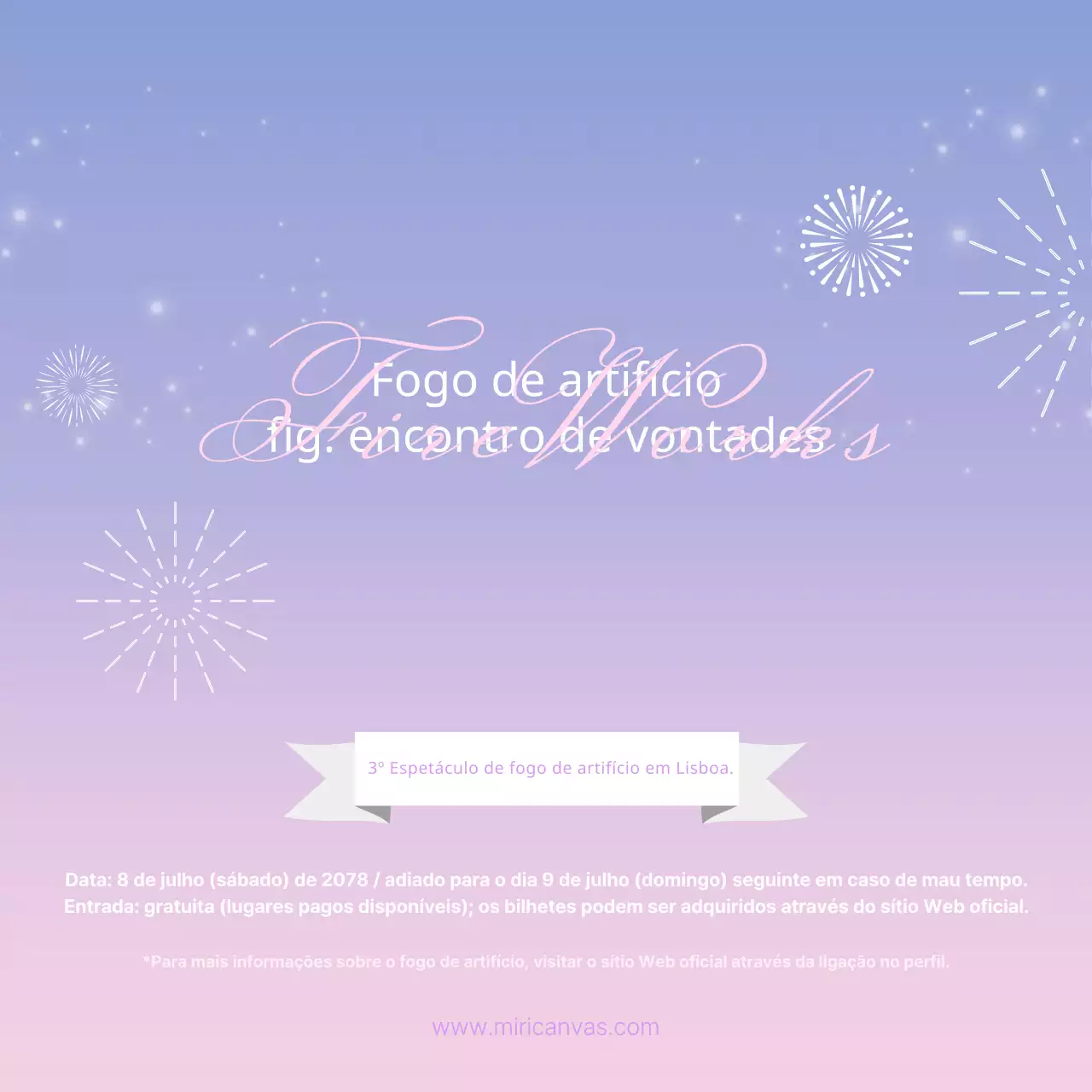 Publicidade de eventos de verão com fogo de artifício em tons de rosa e lavanda.