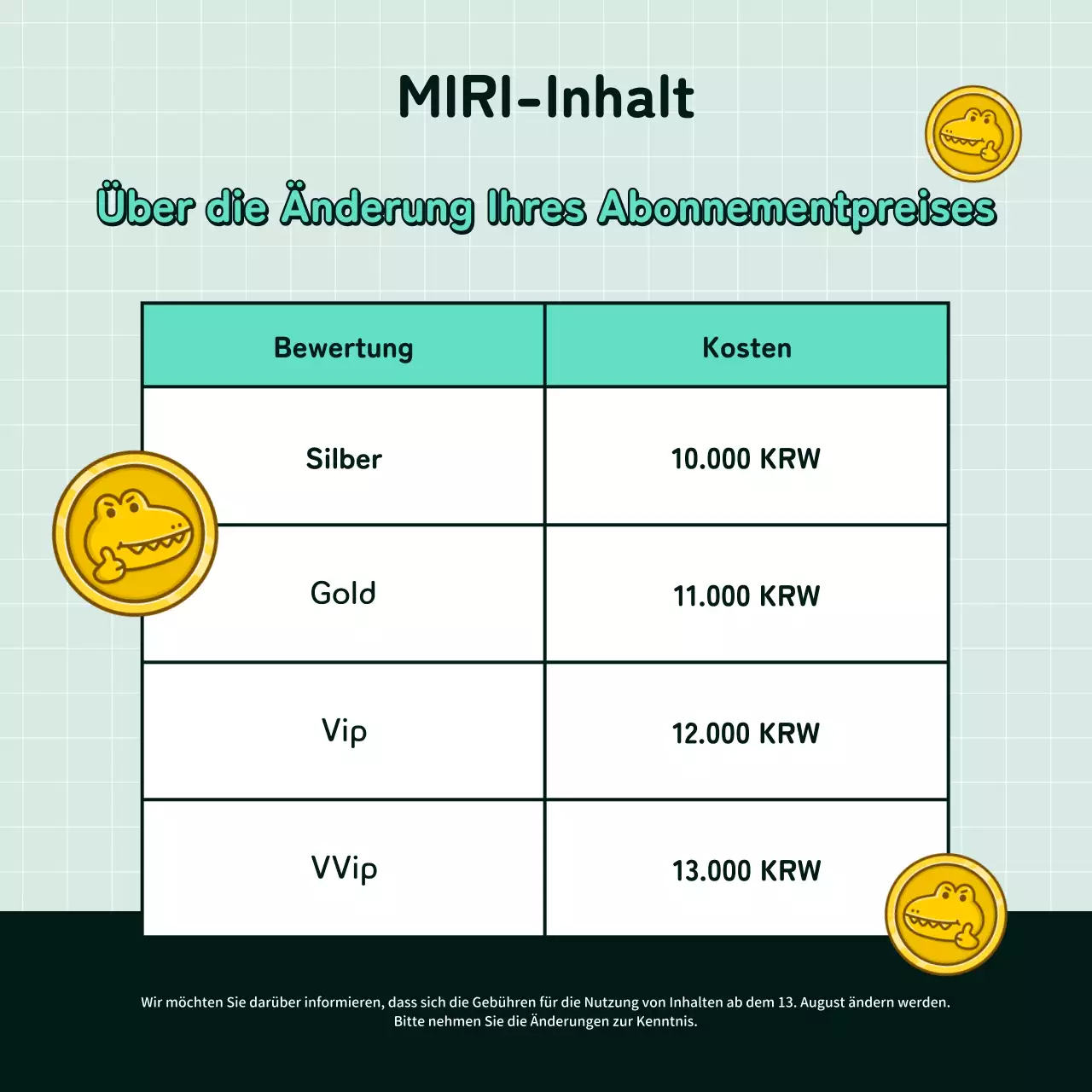 Kitschige grün-weiße Ankündigungen zur Änderung der Abonnementpreise