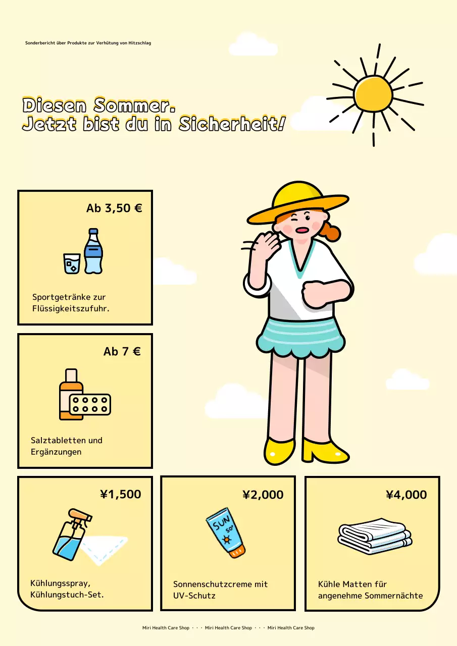 Gelbe und orangefarbene Kitschwerbung für sommerliche Produkte.