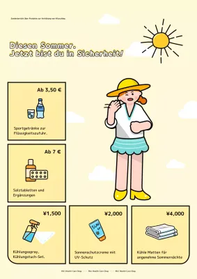 Gelbe und orangefarbene Kitschwerbung für sommerliche Produkte.