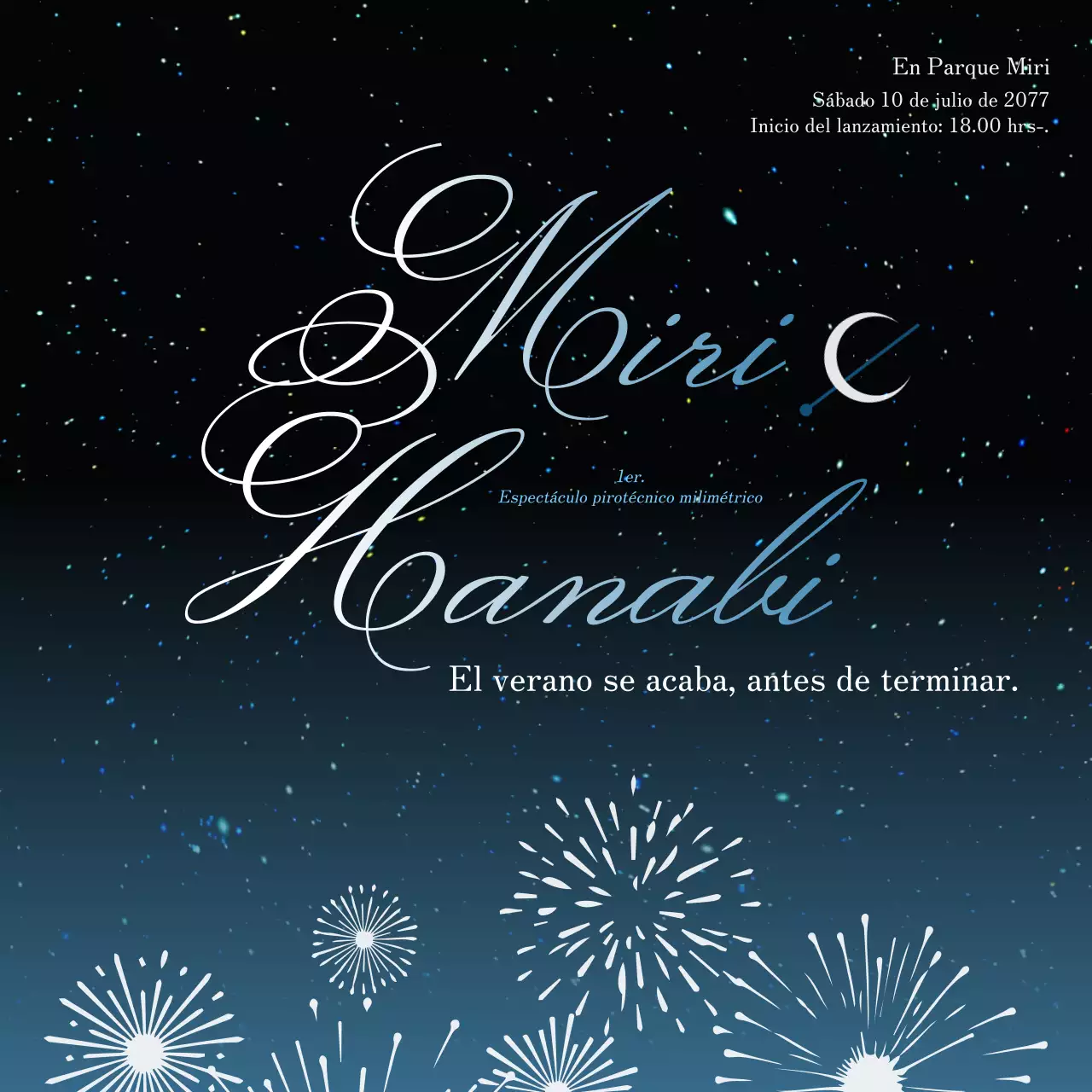 PR para un espectáculo de fuegos artificiales de fantasía veraniega en añil y blanco.