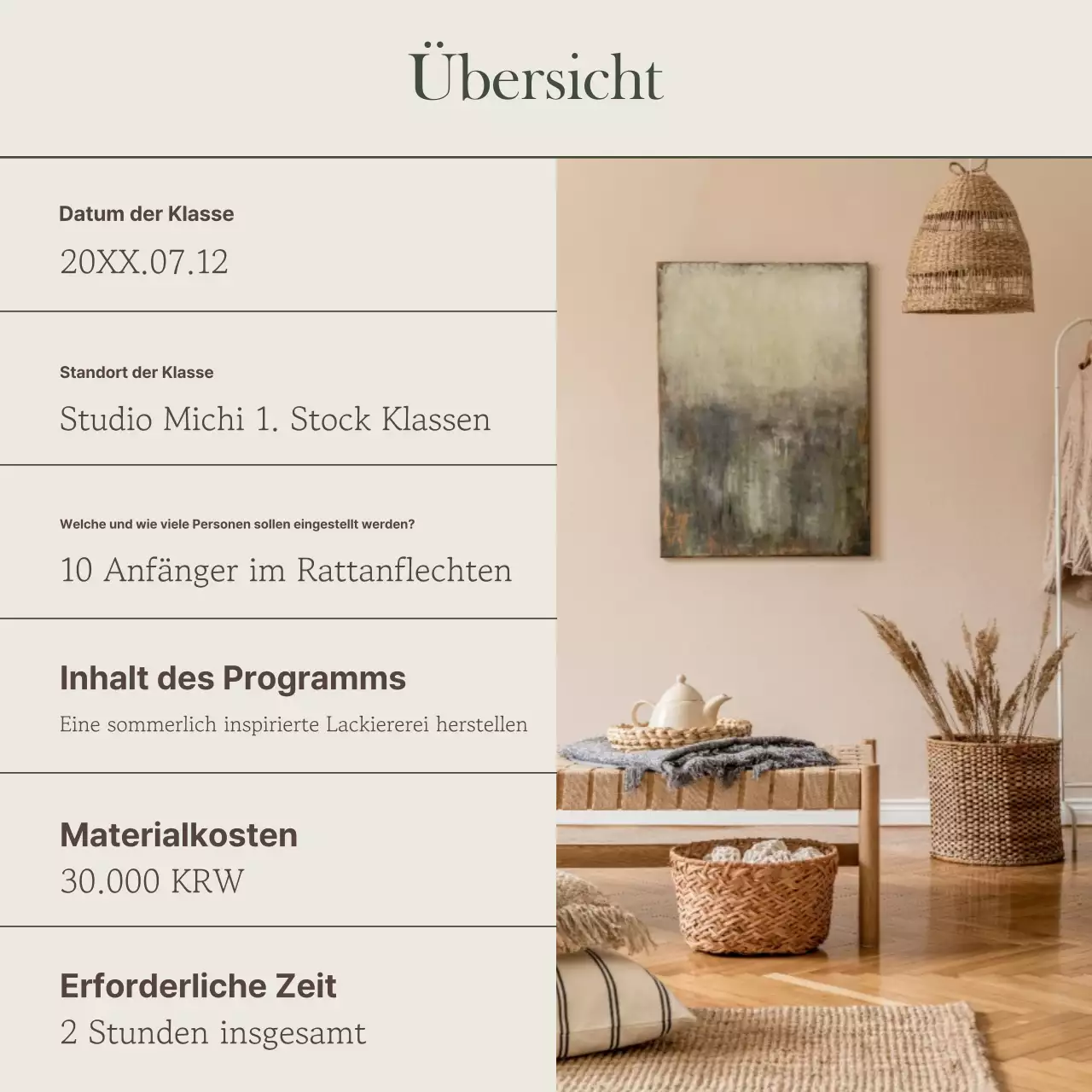 Werbung für einen einfachen eintägigen Kurs in Khaki und Beige