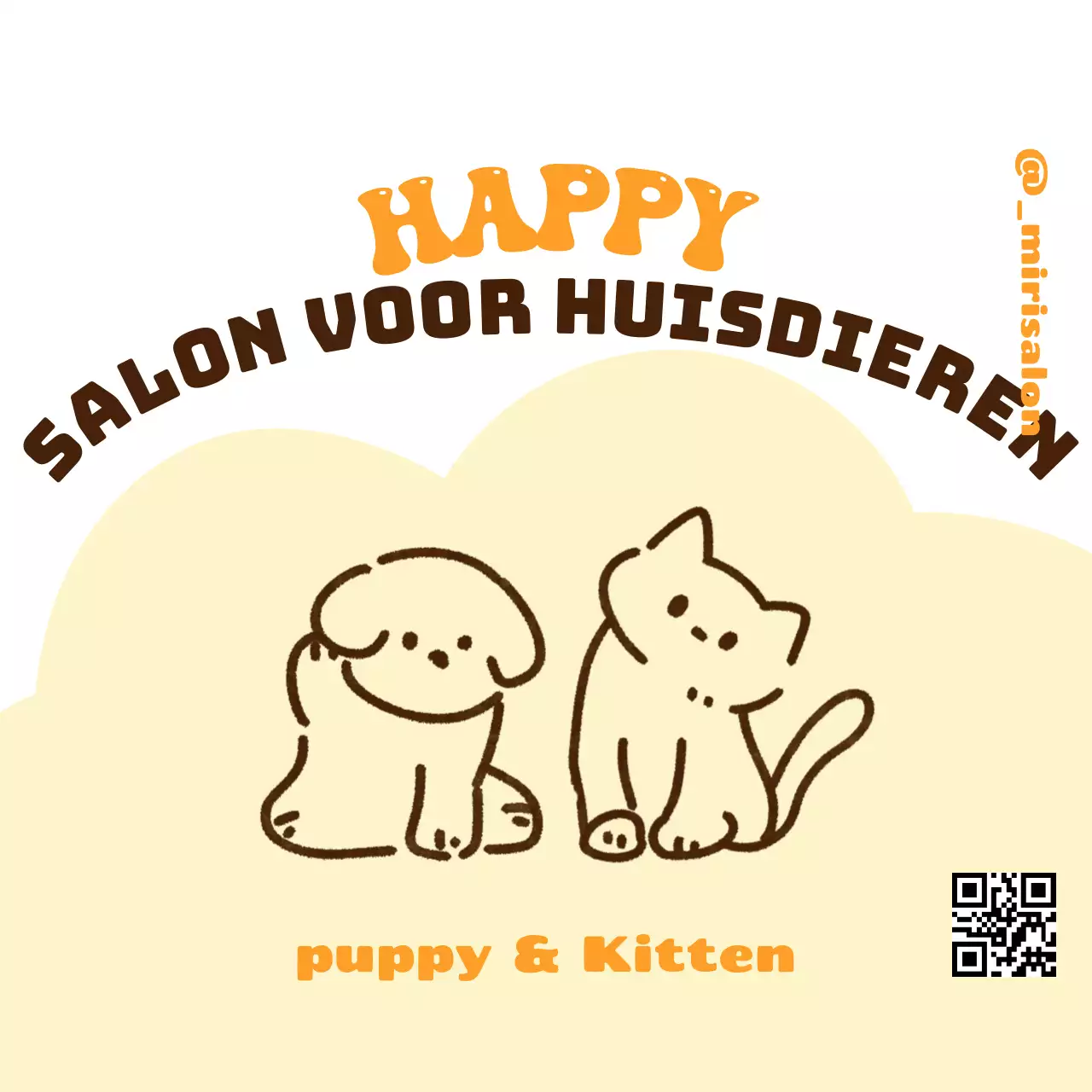Bannerontwerp voor een Engelse titel met een schattige illustratie van een hond puppy kat met een schattige QR-code.