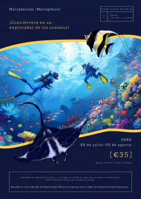 Publicidad de la nueva exposición del acuario, resaltada en añil y amarillo.