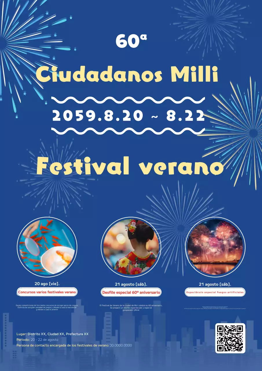 Promocione un festival de verano con un concepto colorista con fotos e ilustraciones azules