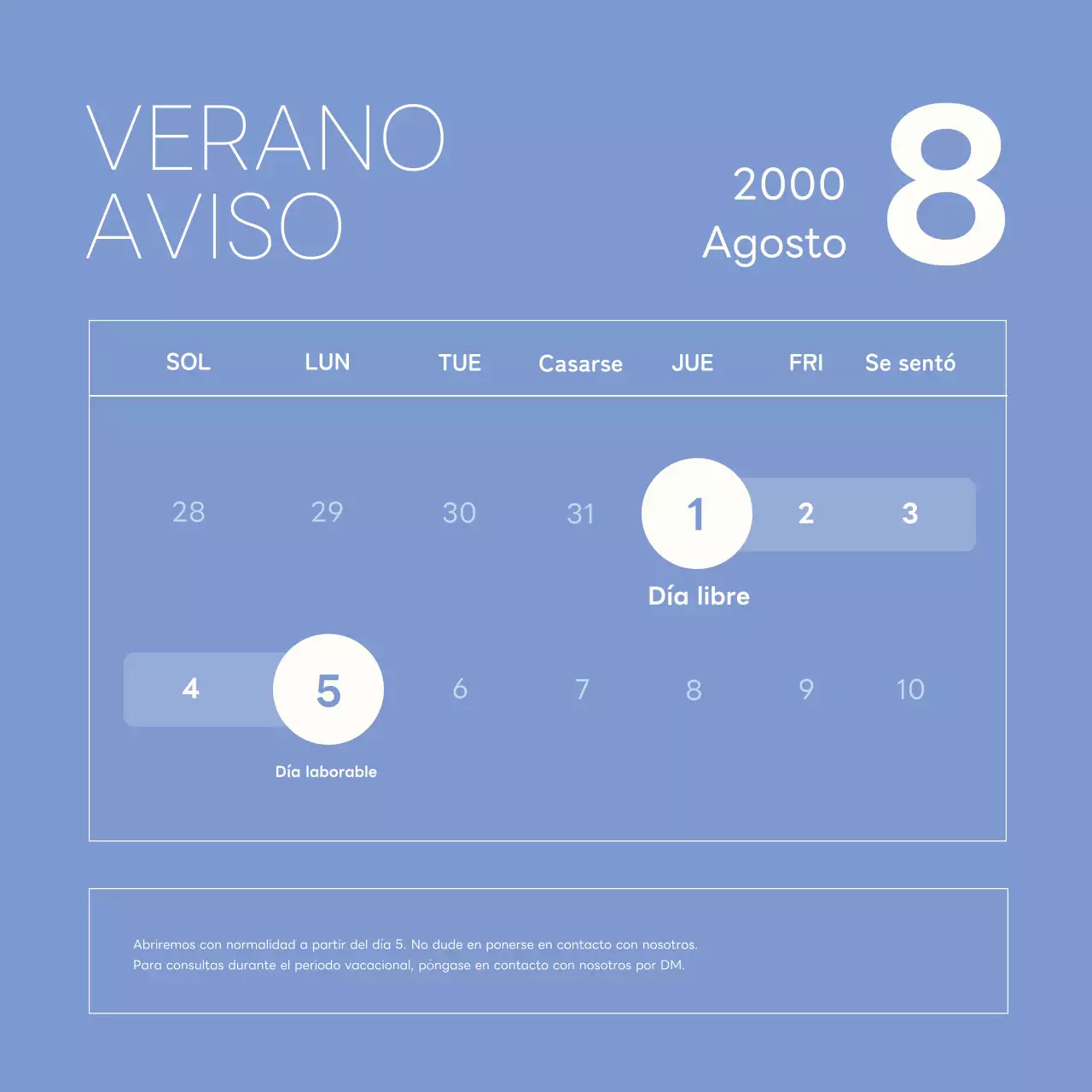 Simples fechas de vacaciones de verano en morado y blanco.