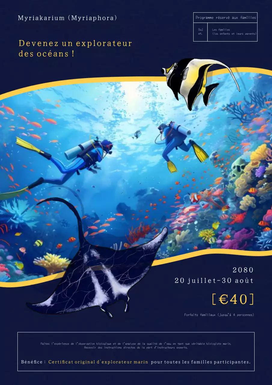 Publicité pour la nouvelle exposition de l'aquarium, surlignée en indigo et jaune.