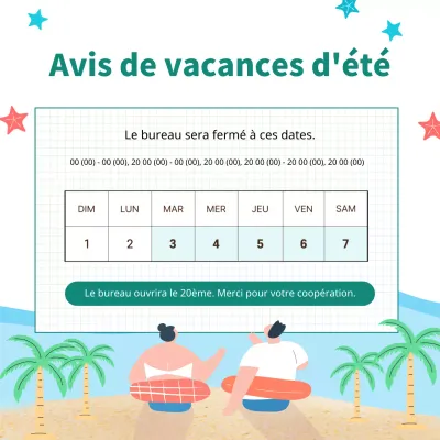 Avis simple de vacances d'été en blanc et bleu clair.